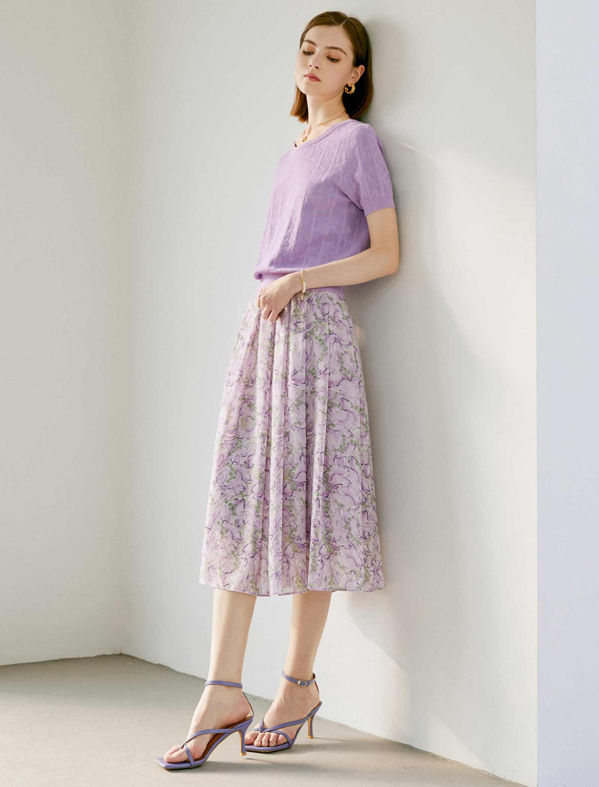 Floral Chiffon Pleated A-Line Skirt