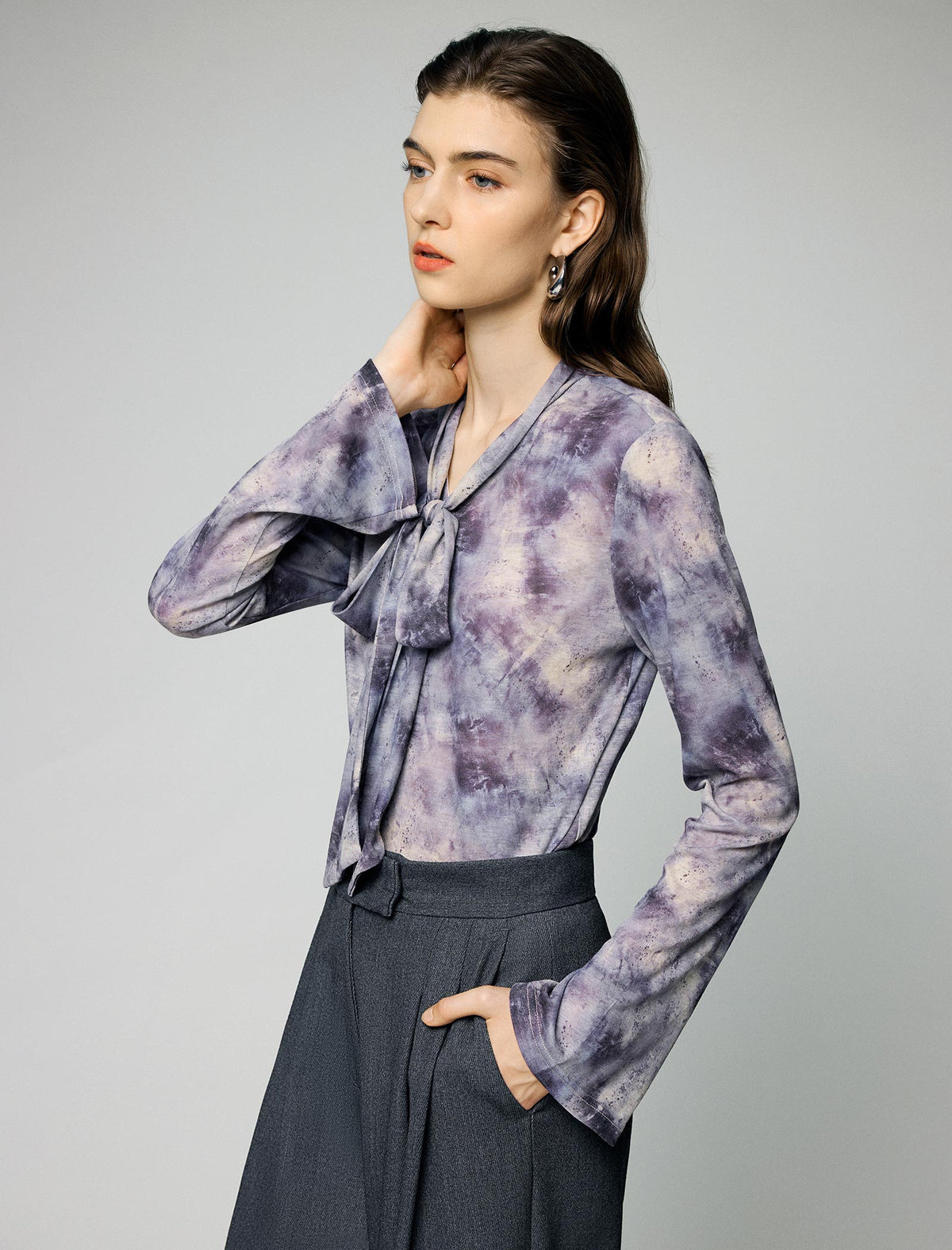 Printed Tie Neck Long Sleeve Knit Top