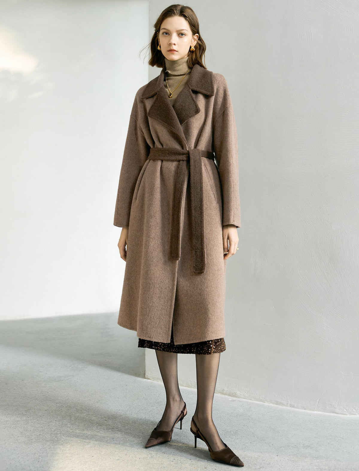 Contrast Lapel Wool-Blend Self-Tie Overcoat