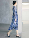 Abstract Floral Print Belted Long Sleeve Midi Dress
