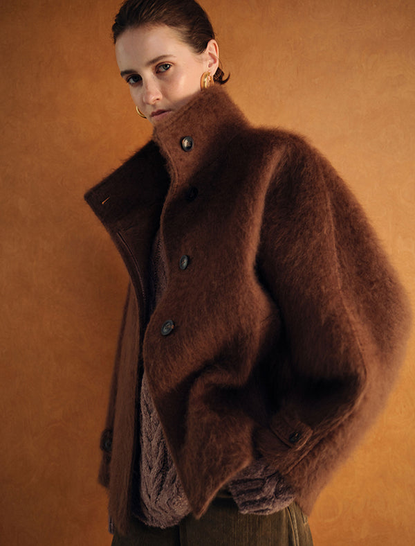 Wool-Cashmere Silk Blend Stand Collar Fuzzy Jacket