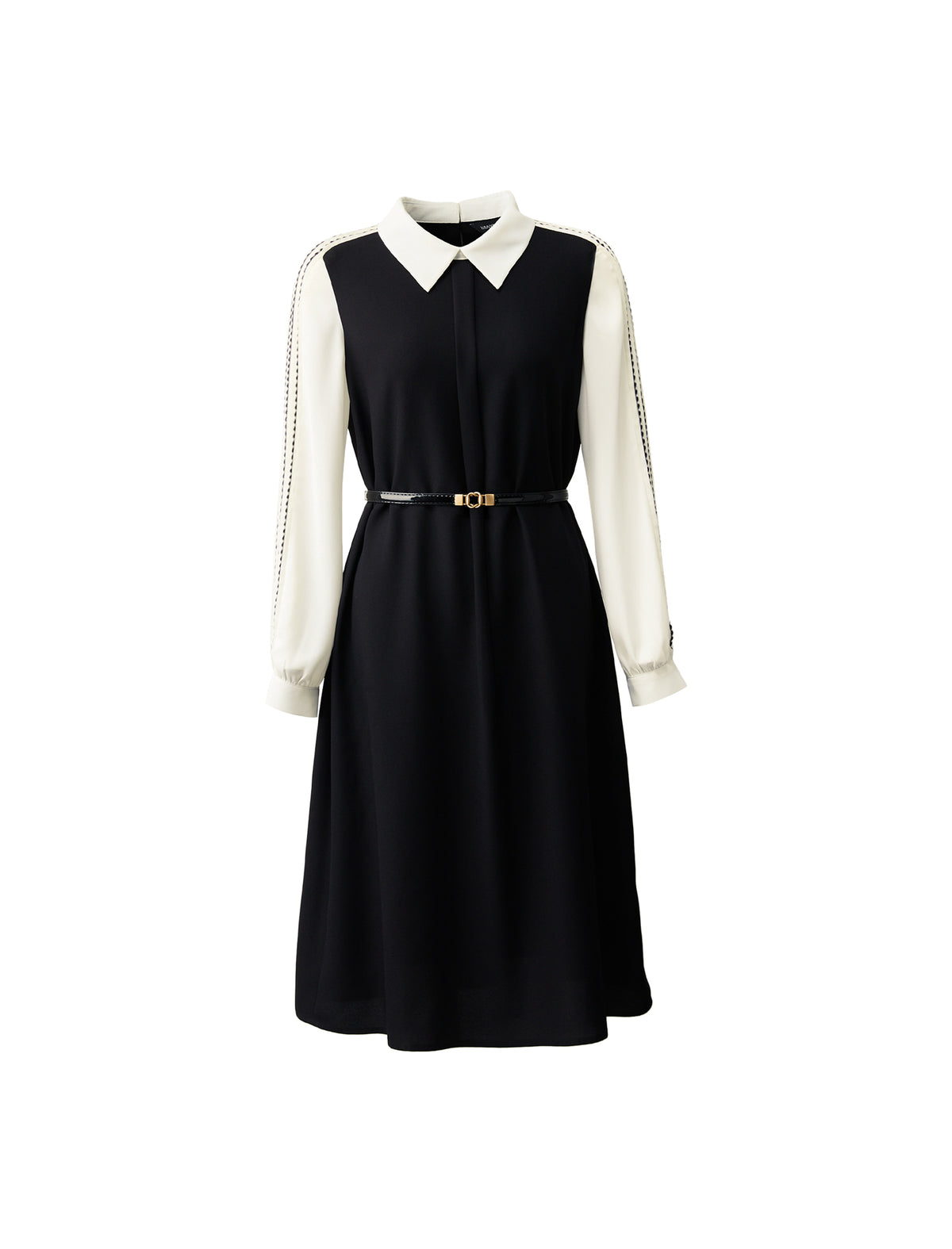 Colorblock Collared Long Sleeve Belted Dress