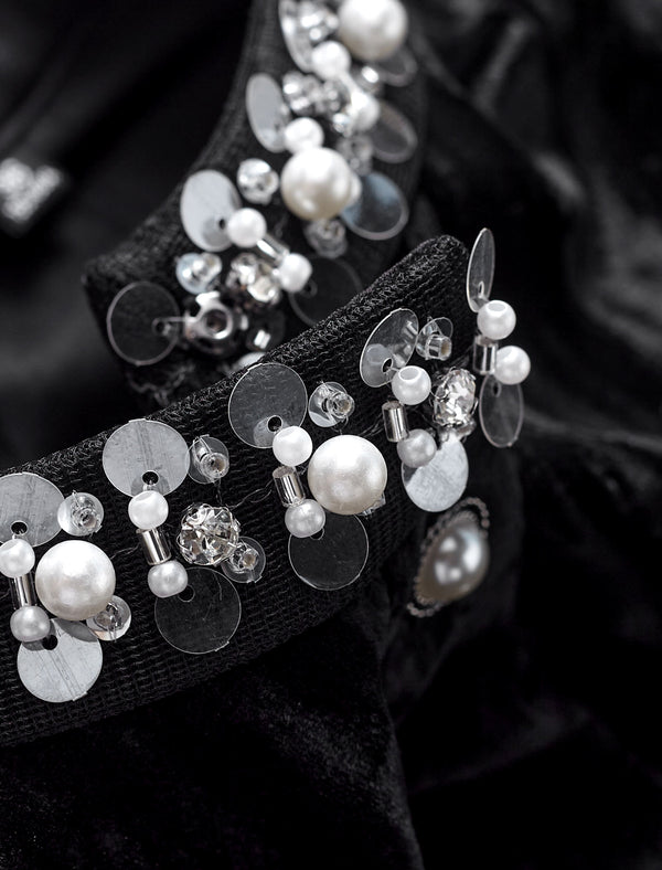 Black Velvet Embellished Button-Up Top