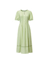 Puff Sleeve Pintuck Midi Dress with Lace Trim