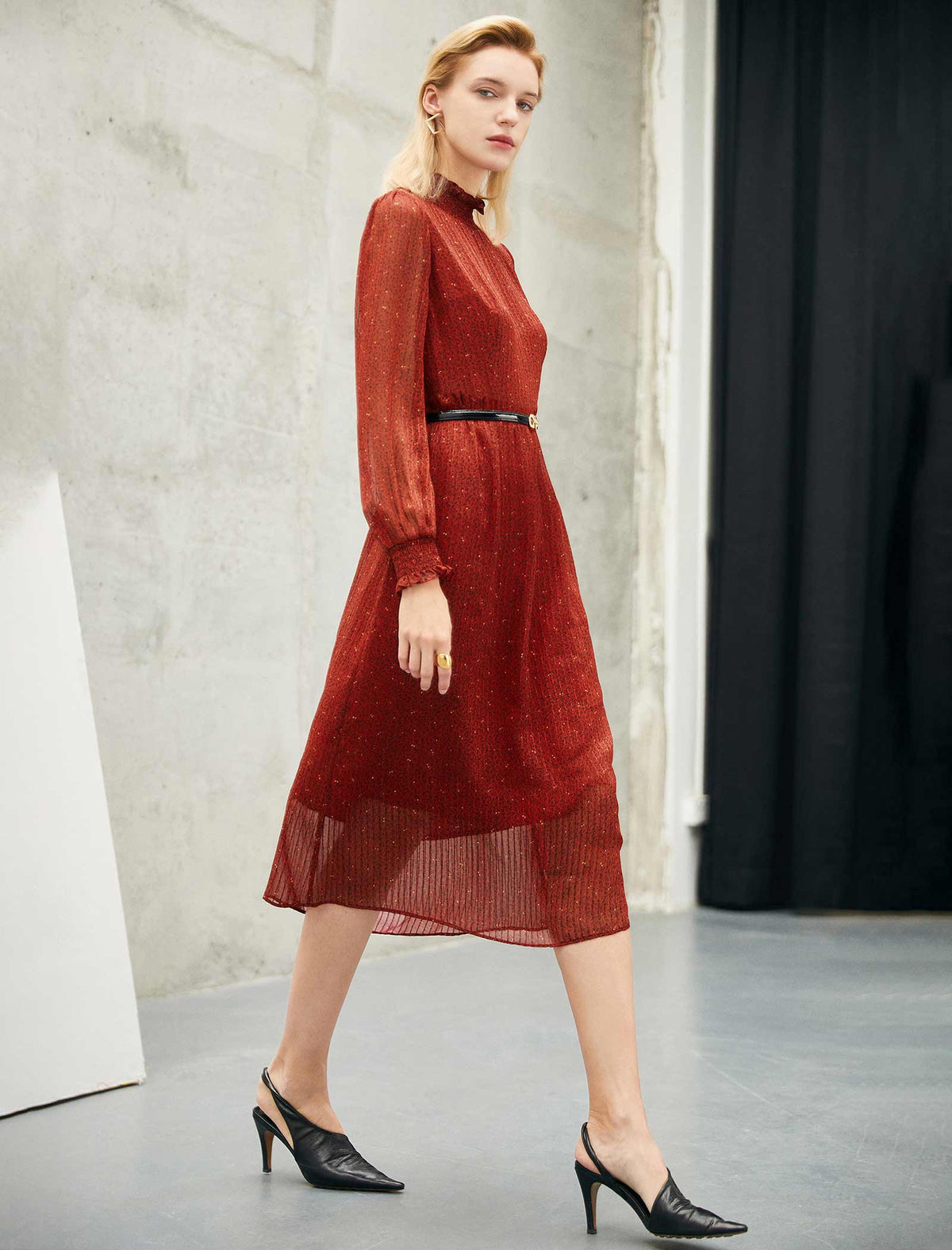 Rust Red Ruffled Neck Midi Dress