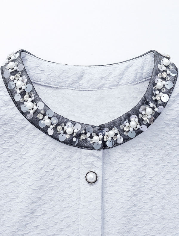 Embellished Collar Long Puff Sleeve Blouse