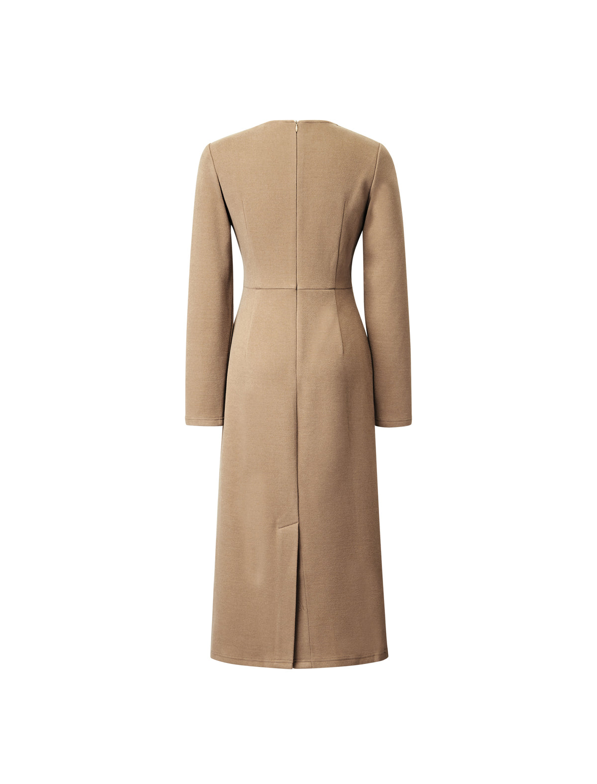 Wool Blend Camel Structured Seamed Midi Dress