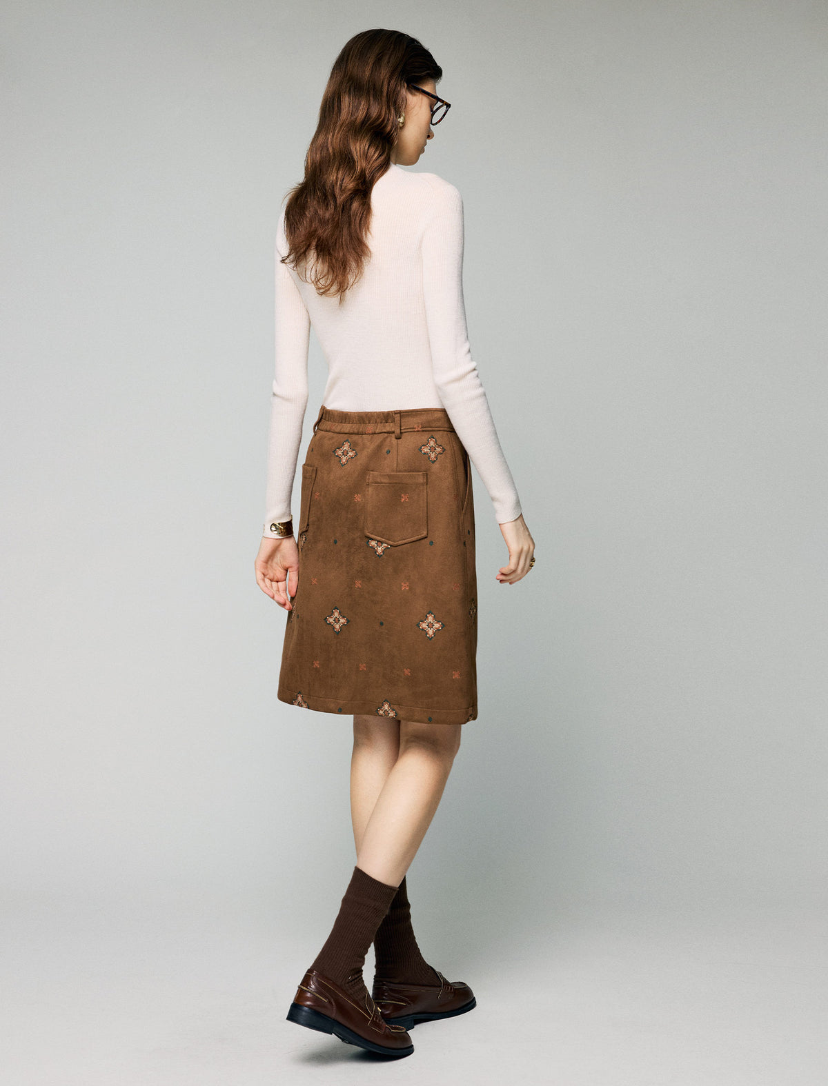 Embroidered Geometric High-Waist A-Line Midi Skirt