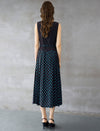 Black And Turquoise Polka Dot Pleated Sleeveless Midi Dress