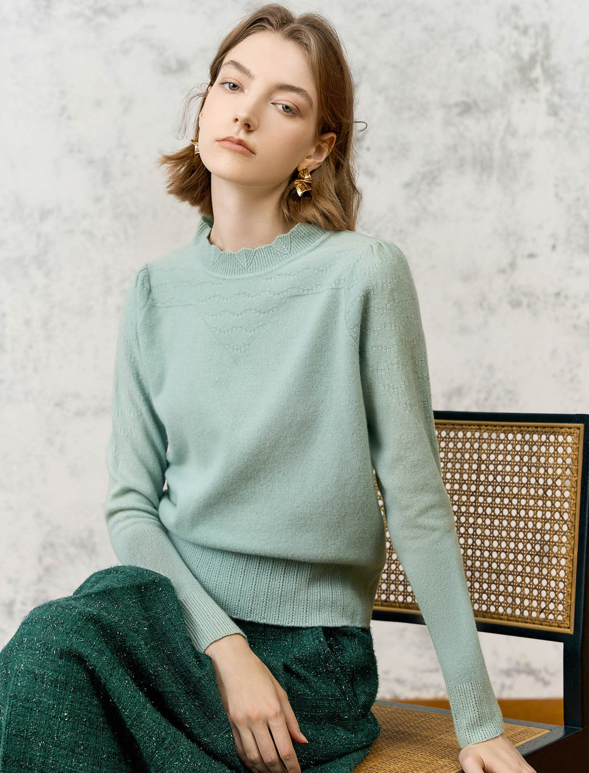 Wool Blend Eyelet Scalloped Stand-Collar Knit Top
