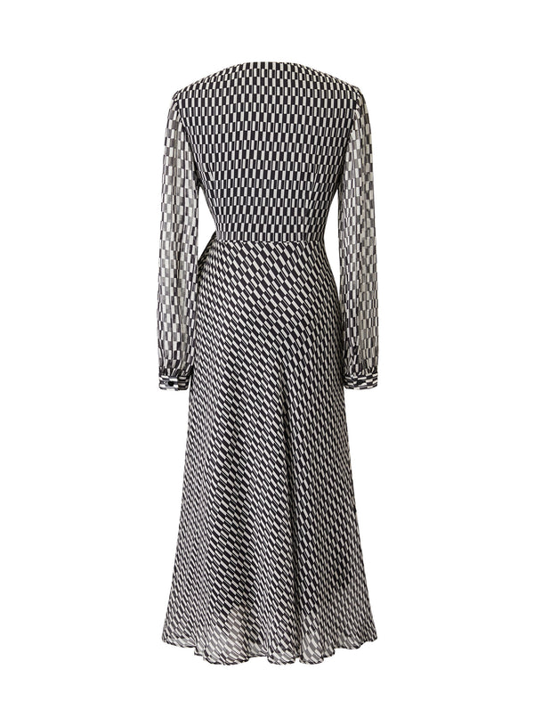 Checkered Wrap V-Neck Midi Dress