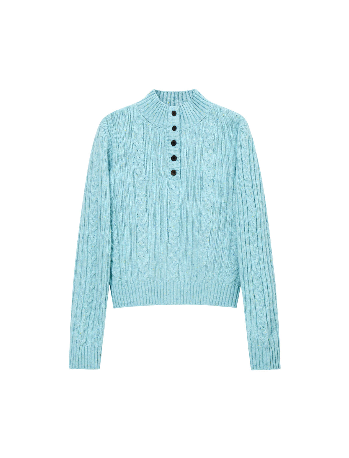 Wool Blend Cable-Knit Mock-Neck Button-Placket Sweater