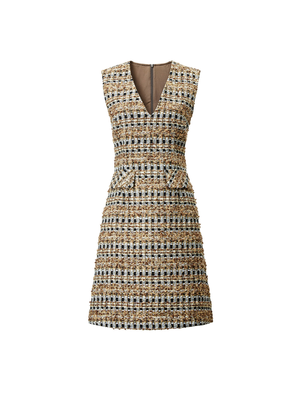 Wool Blend Plaid V-Neck Pocket Sleeveless Shift Dress