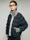 Textured-Trim Contrast-Collar Button-Front Puffer Jacket