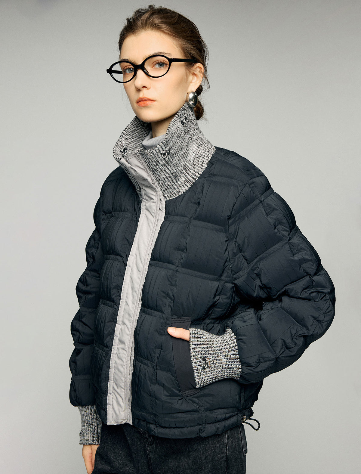 Textured-Trim Contrast-Collar Button-Front Puffer Jacket