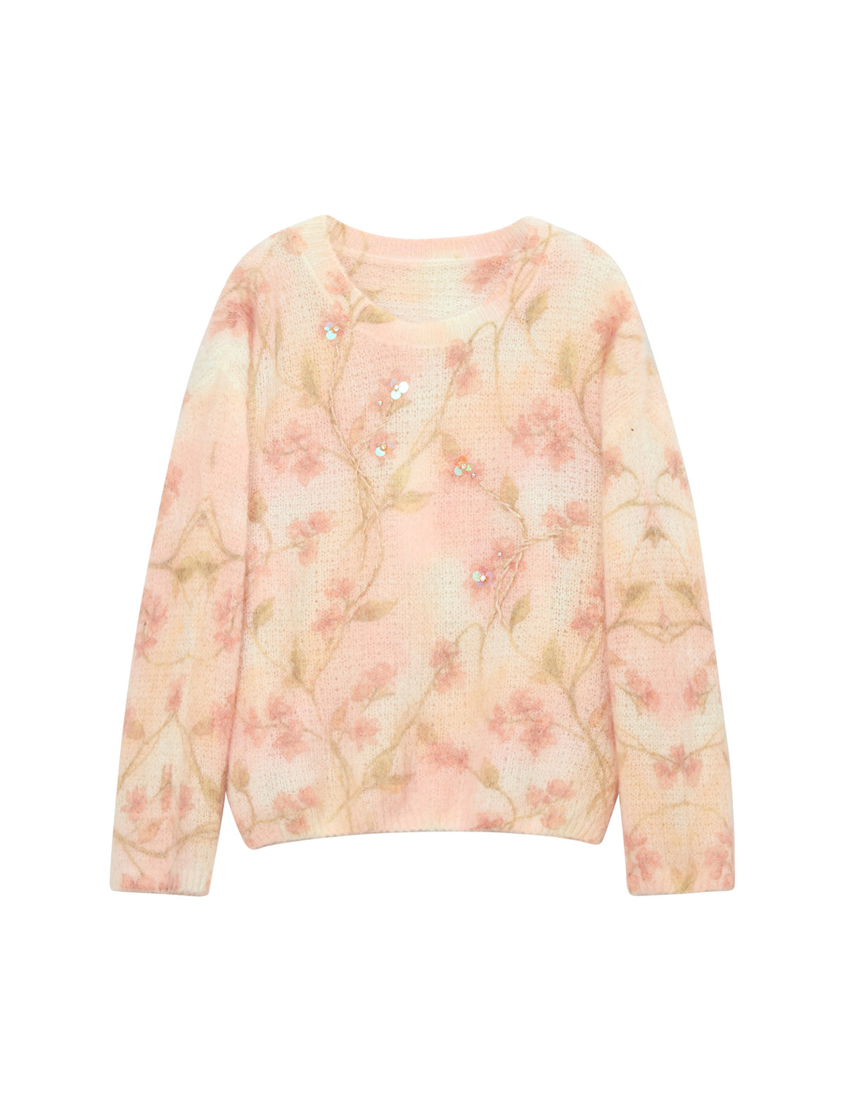Wool Blend Floral Sequin Crewneck Relaxed Sweater