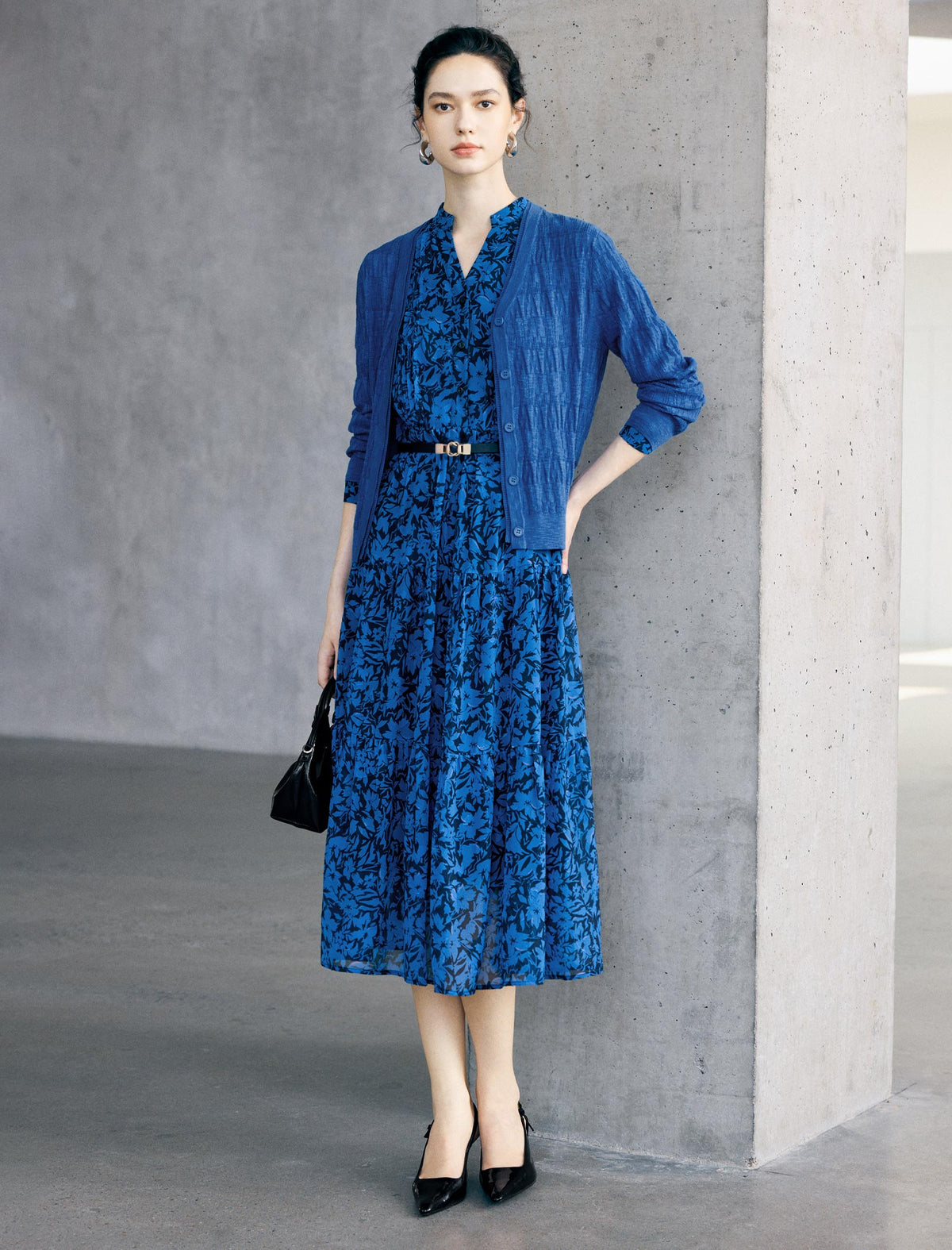 Floral Print Belted Pleated Midi Dress