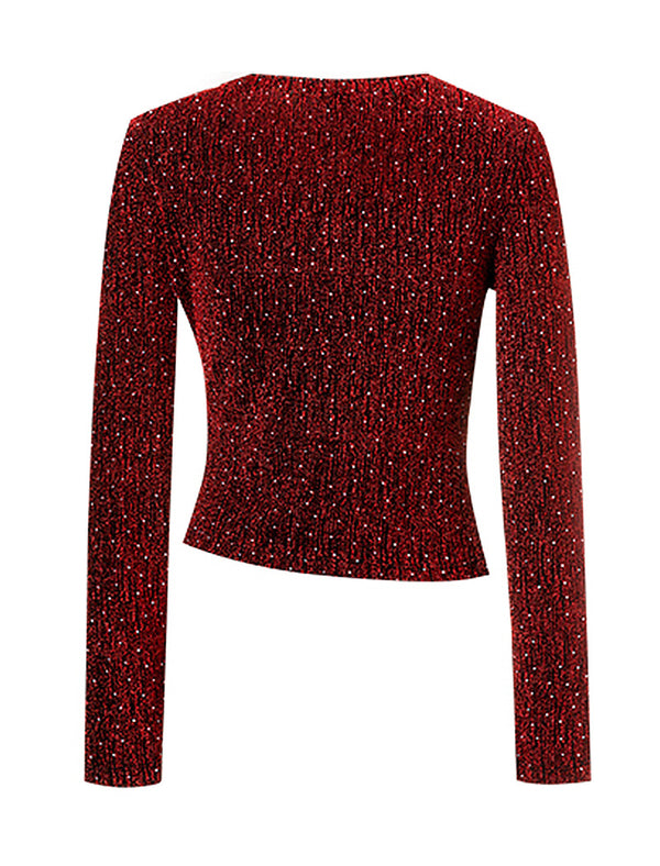 Glittery Wrap-Front Long Sleeve Top