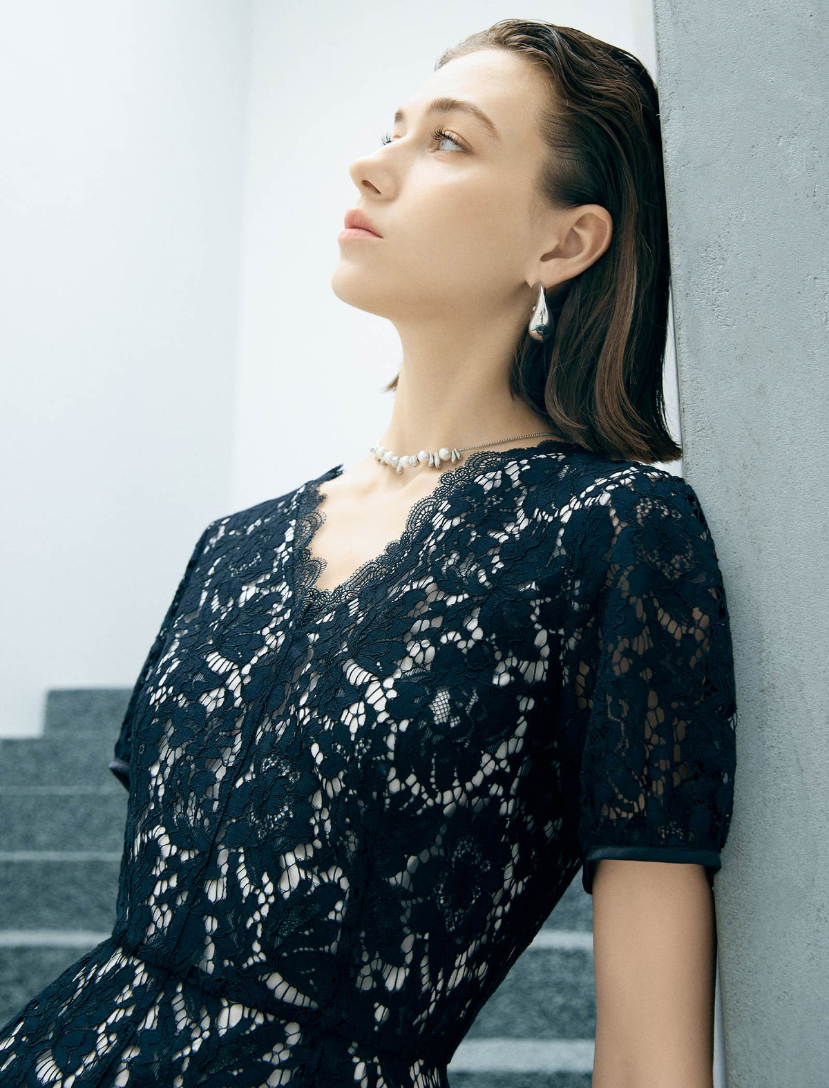 Black Floral Lace V-Neck Short Sleeve Fit And Flare Midi Dress