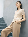 Beige Wave Open Knit V-Neck Short Sleeve Top