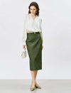Dark Green Textured Midi Pencil Skirt