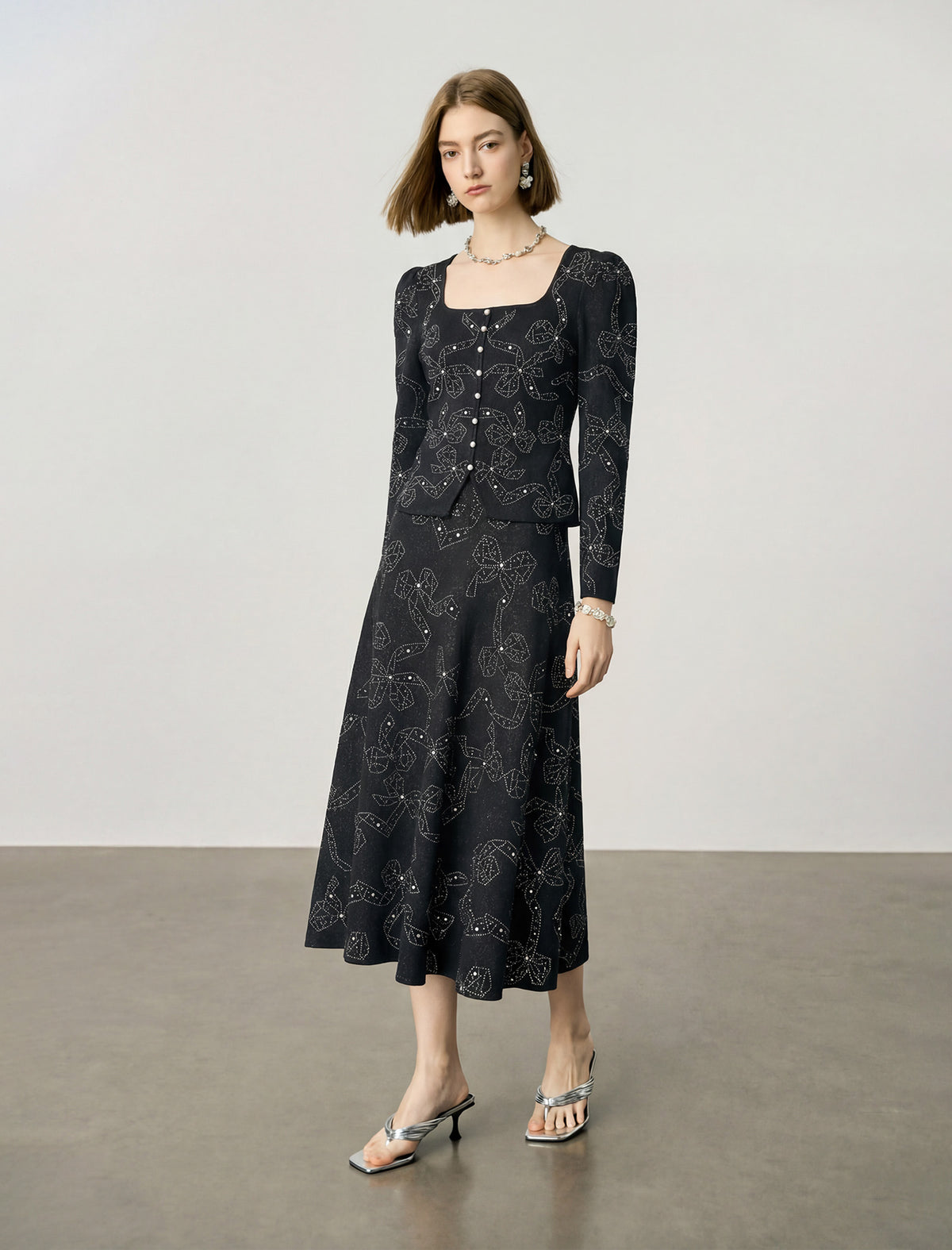 Wool Sequin Bow Print Midi Skirt