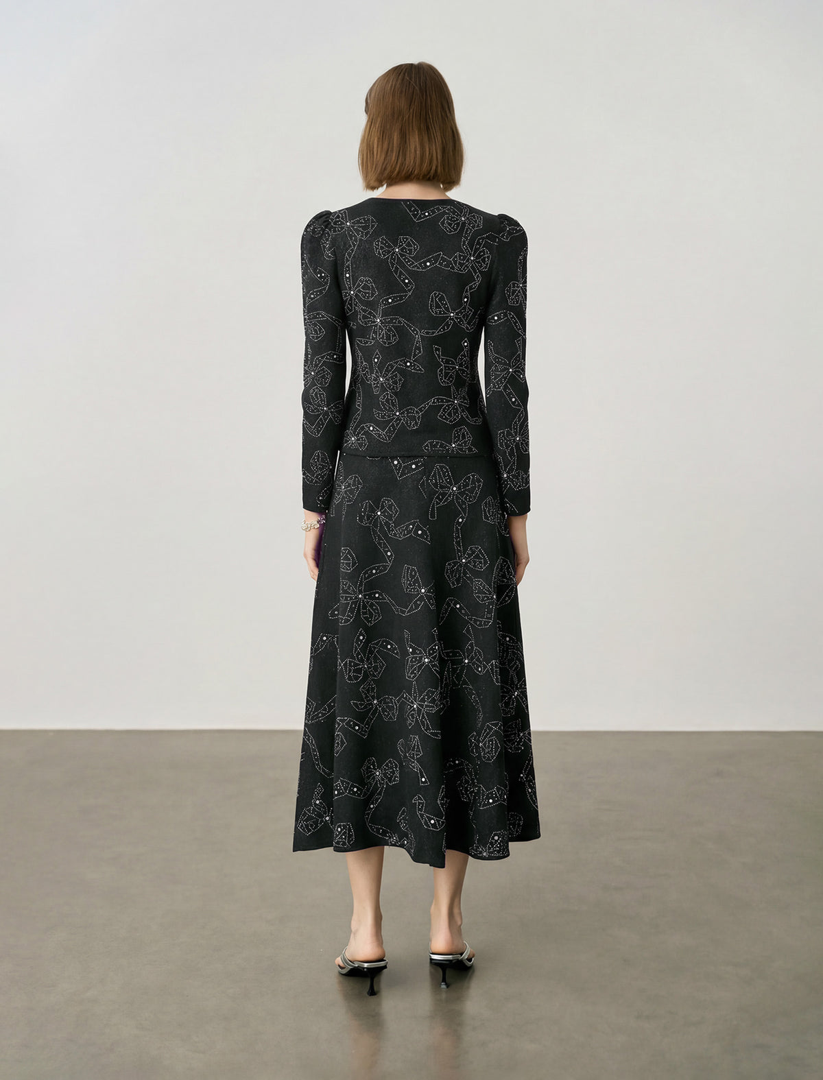 Wool Sequin Bow Print Midi Skirt