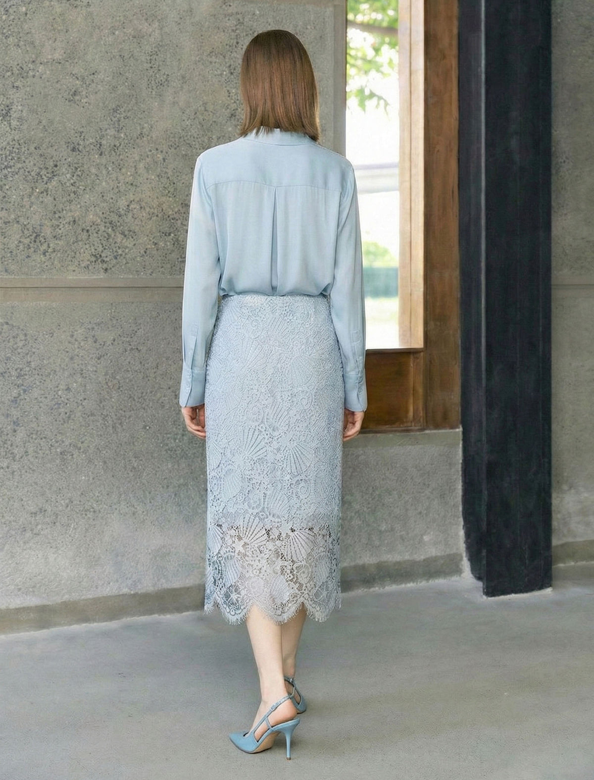 Soft Blue Lace Midi Skirt