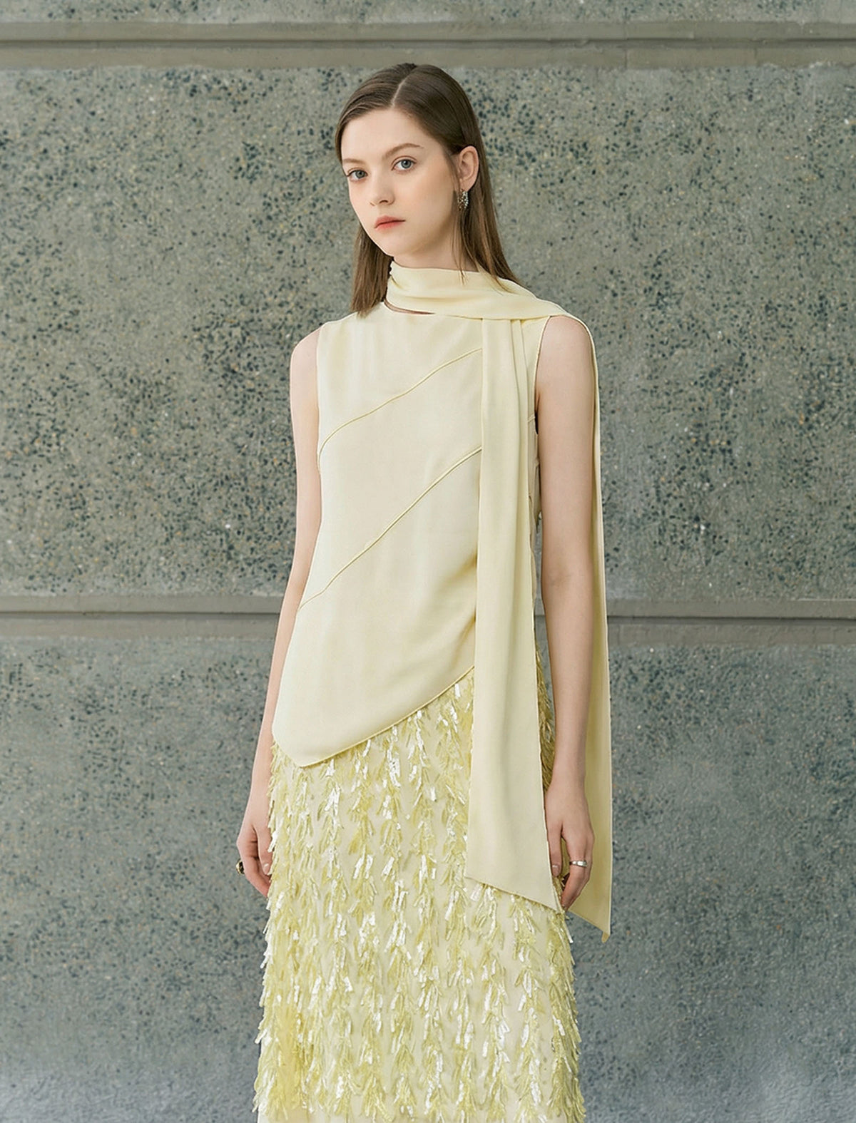 100% Acetate Pale Yellow Scarf Detail Sleeveless Top