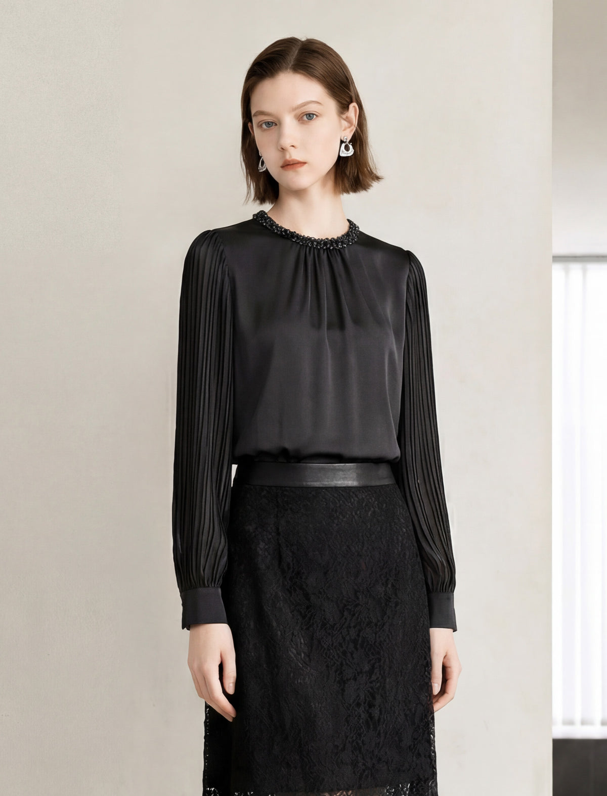 Beaded Neck Pleated Acetate Blouse