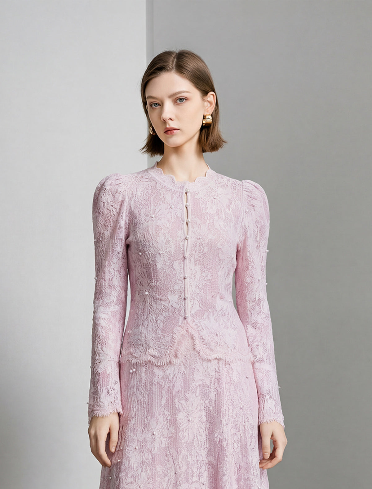 Lace Puff Sleeve Wool Top