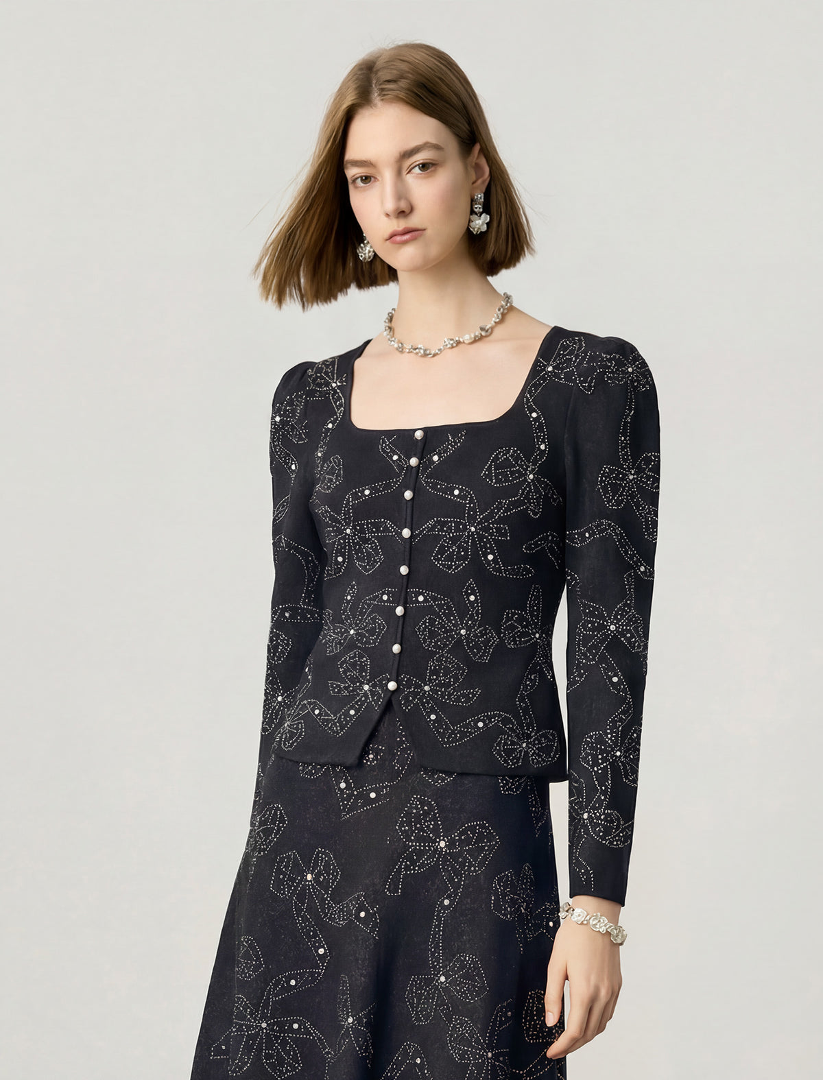 Wool Sequin Bow Print Square Neckline Top