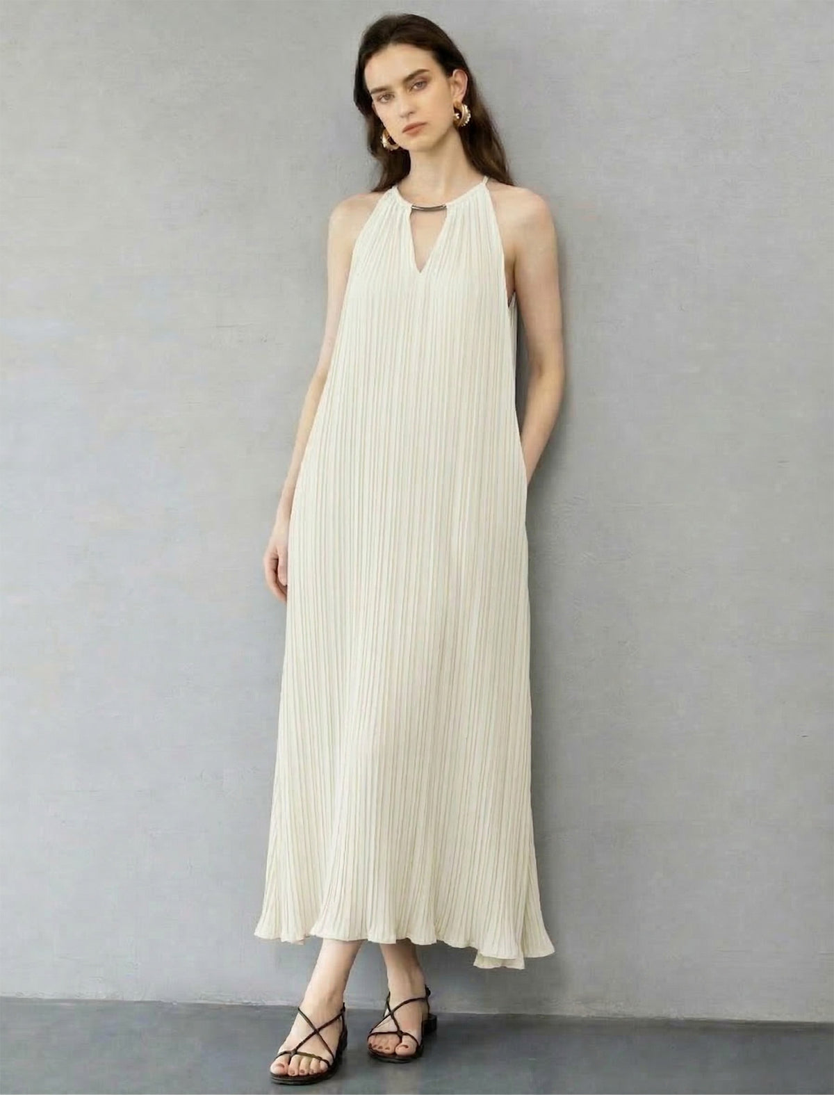 Intricate Pleated Halter Neck Gown