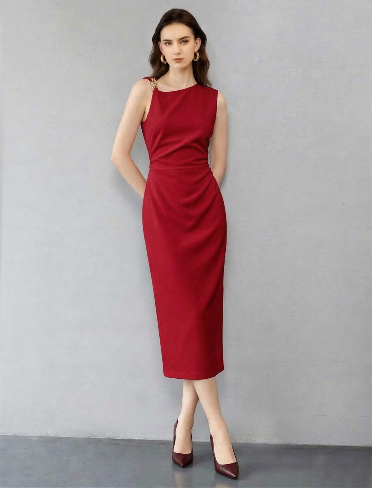 Asymmetric Ruched Metallic Detail Midi Dress