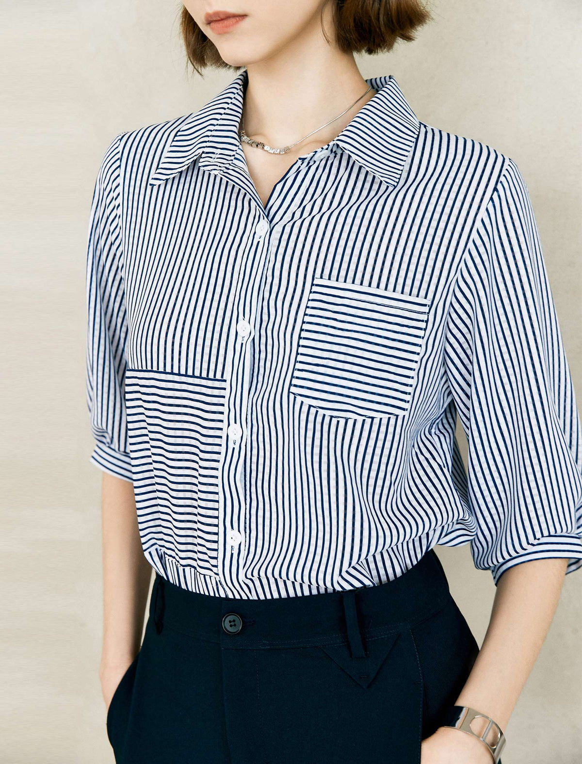 Simple Striped Jacquard Button-Down Shirt