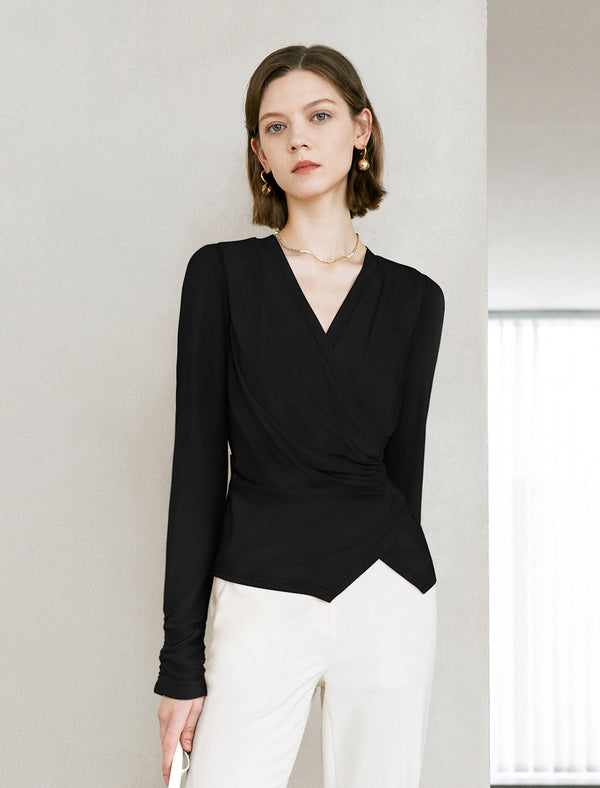 V-Neck Ruched Waist Long Sleeve Top
