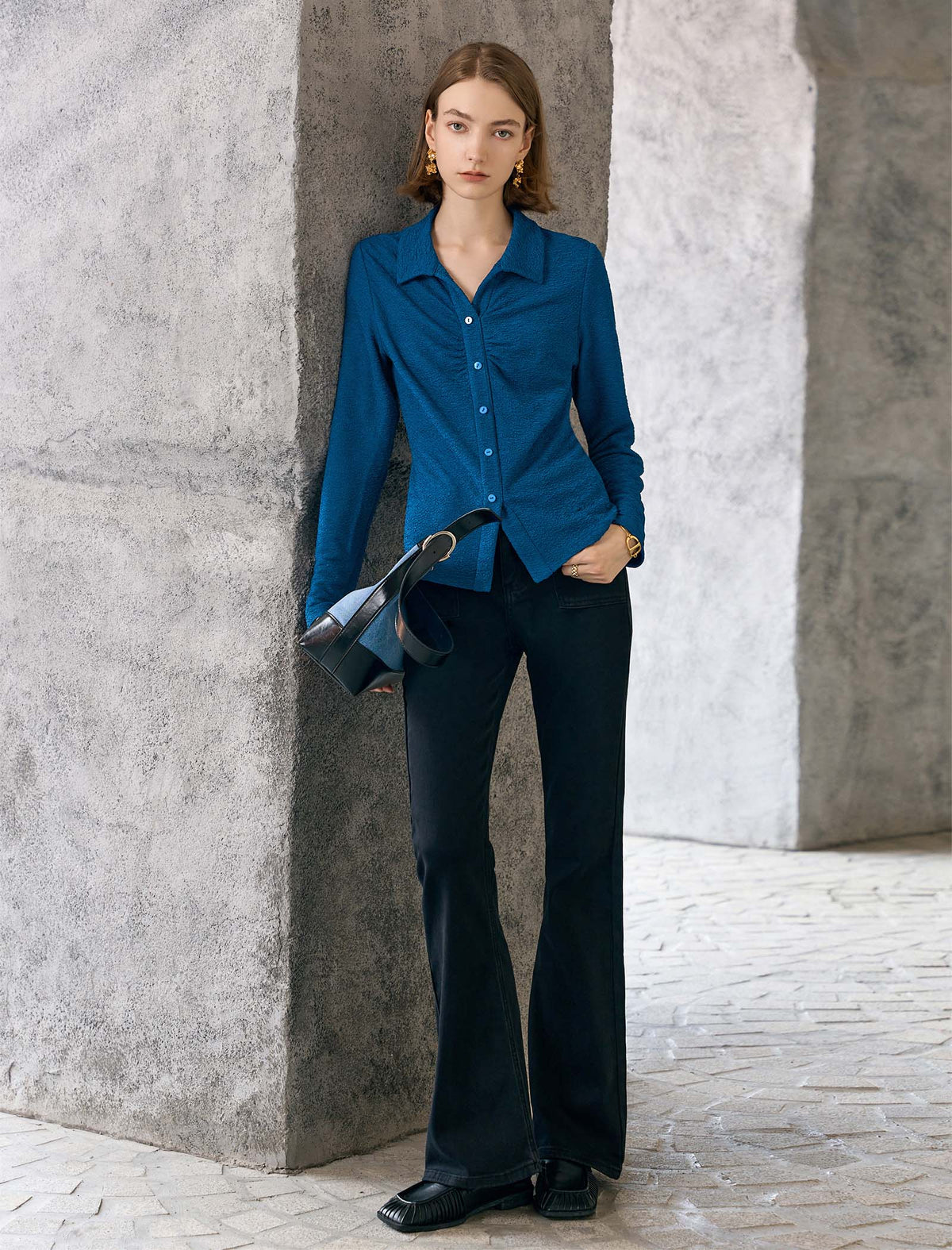 Vintage Pleated Button Textured Detail Polo Shirt