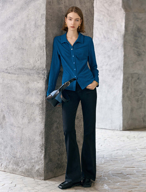 Vintage Pleated Button Textured Detail Polo Shirt