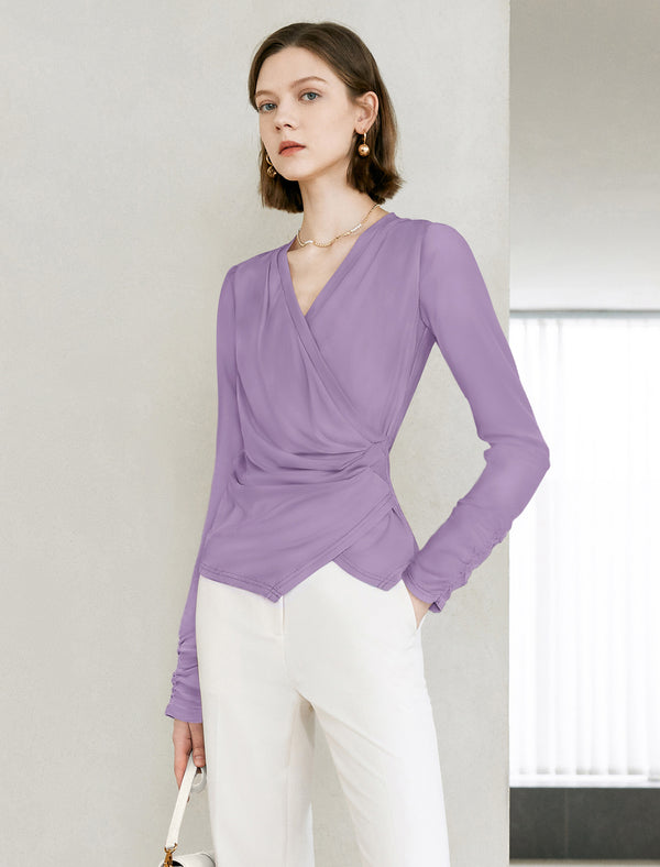 V-Neck Ruched Waist Long Sleeve Top