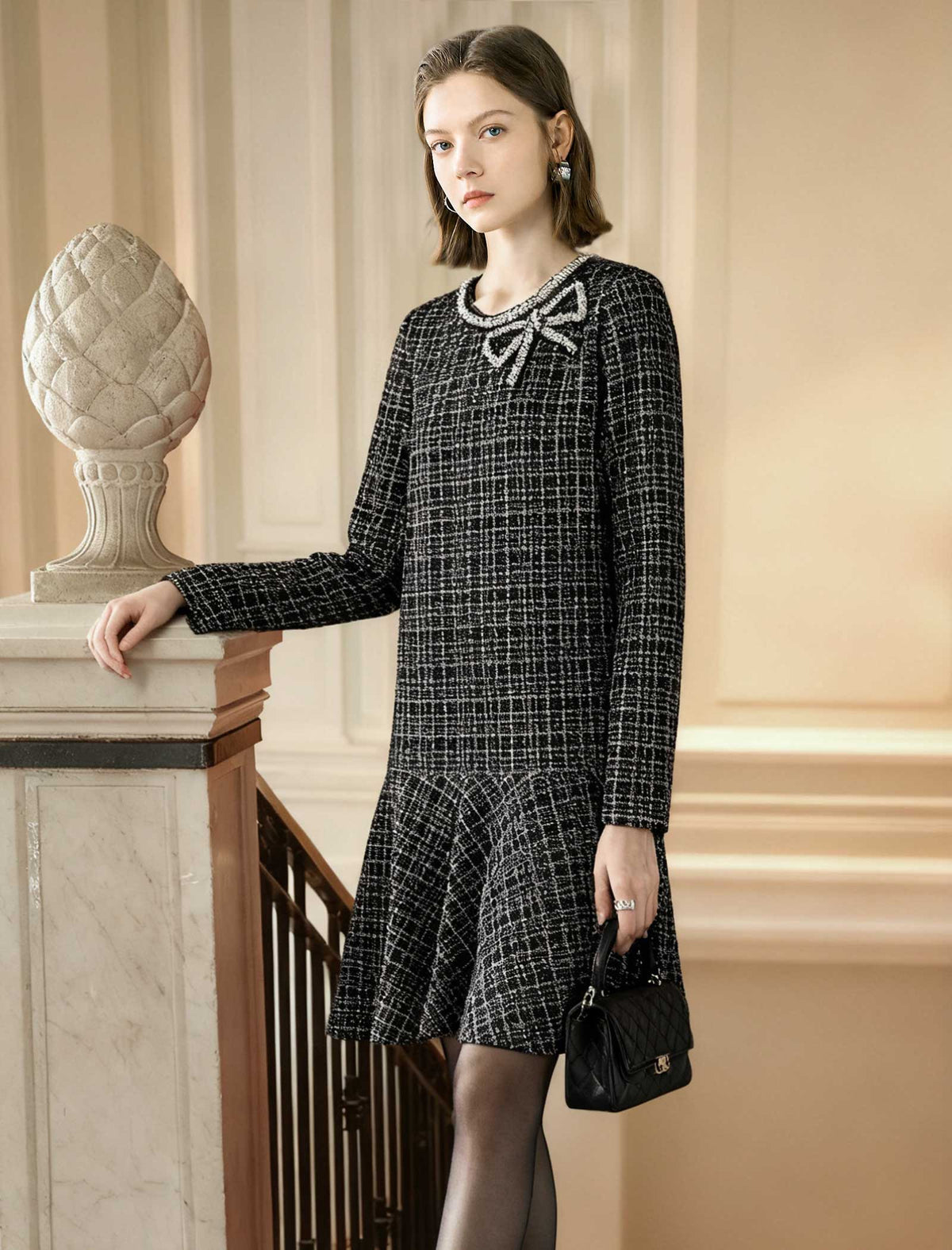 Tweed Plaid Bow Detail Dress