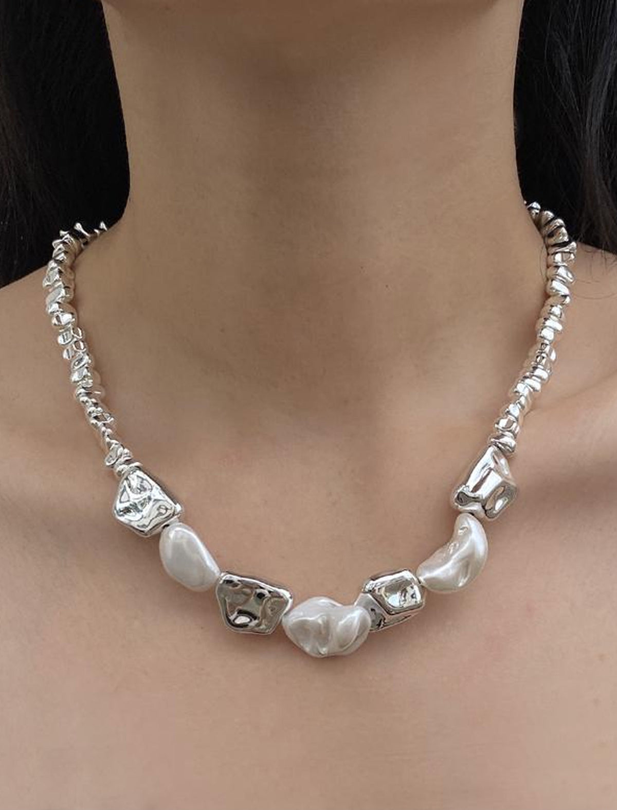 Baroque Pearl And Hammered Metal Choker Necklace
