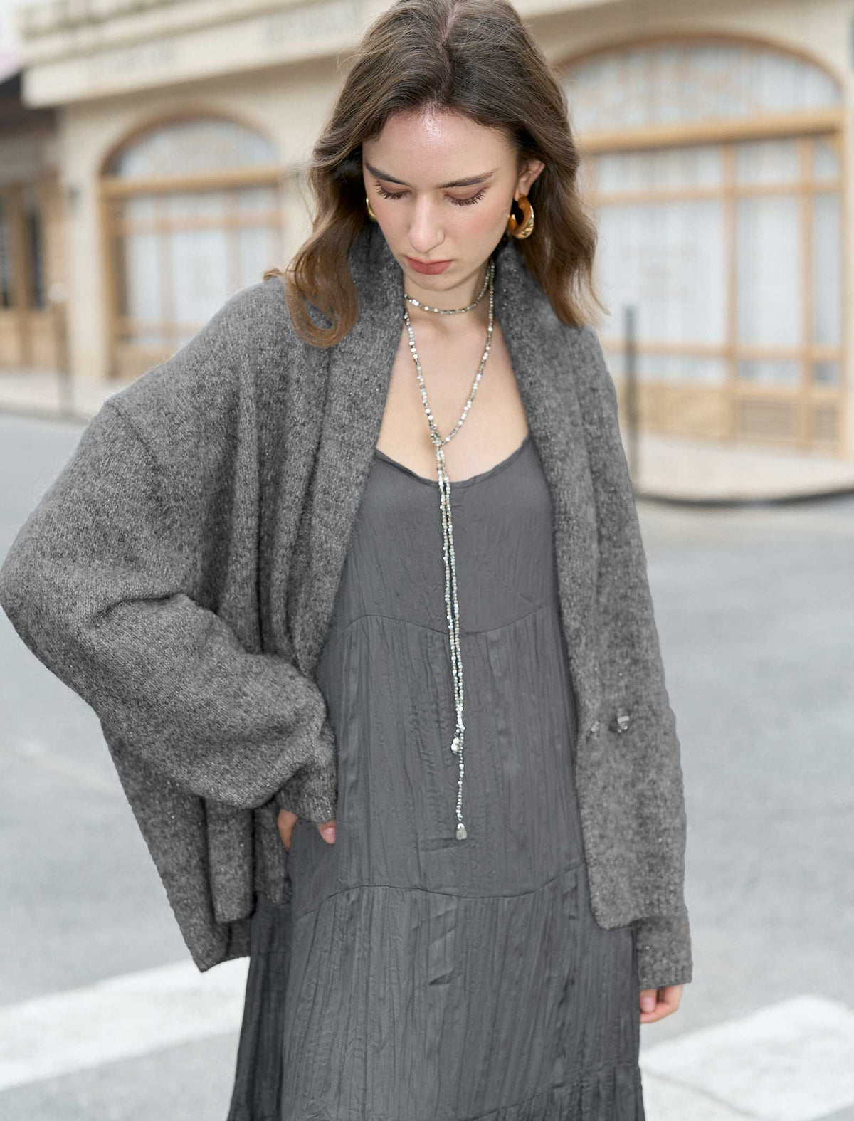 Heathered Gray Shawl Collar Button-Up Knit Cardigan