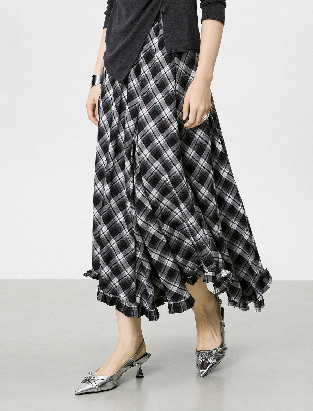 Black And White Plaid Ruffled Midi Skirt
