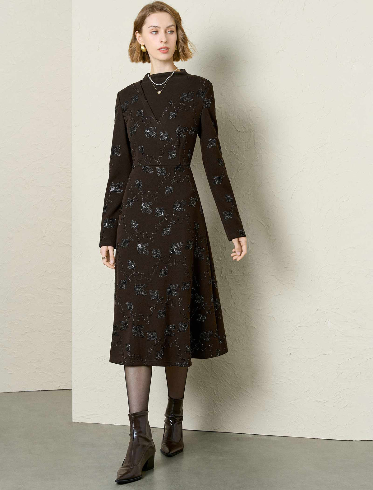 Chocolate Sequin Floral Long-Sleeve Midi Dress