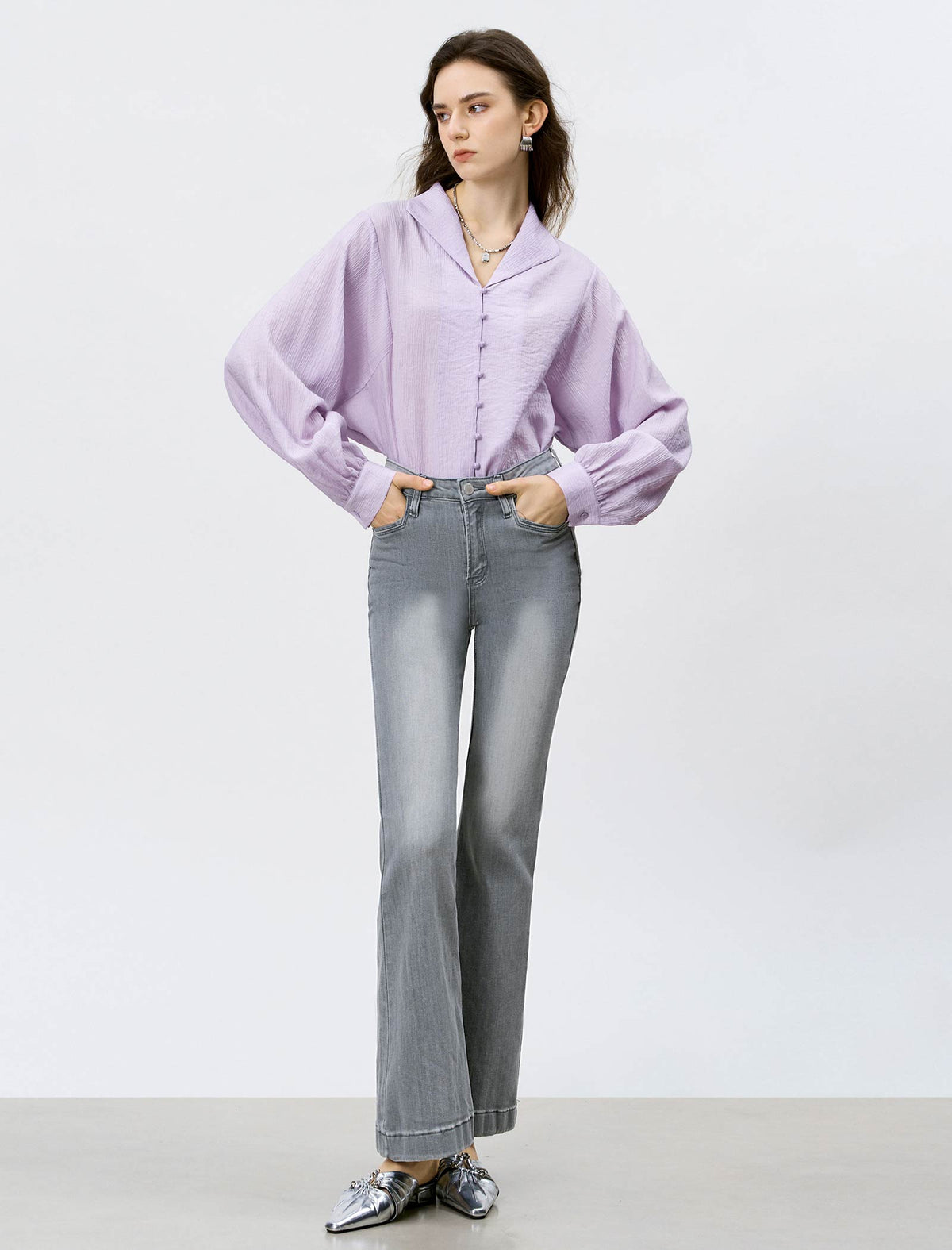 High-Waisted Grey Flare Jeans