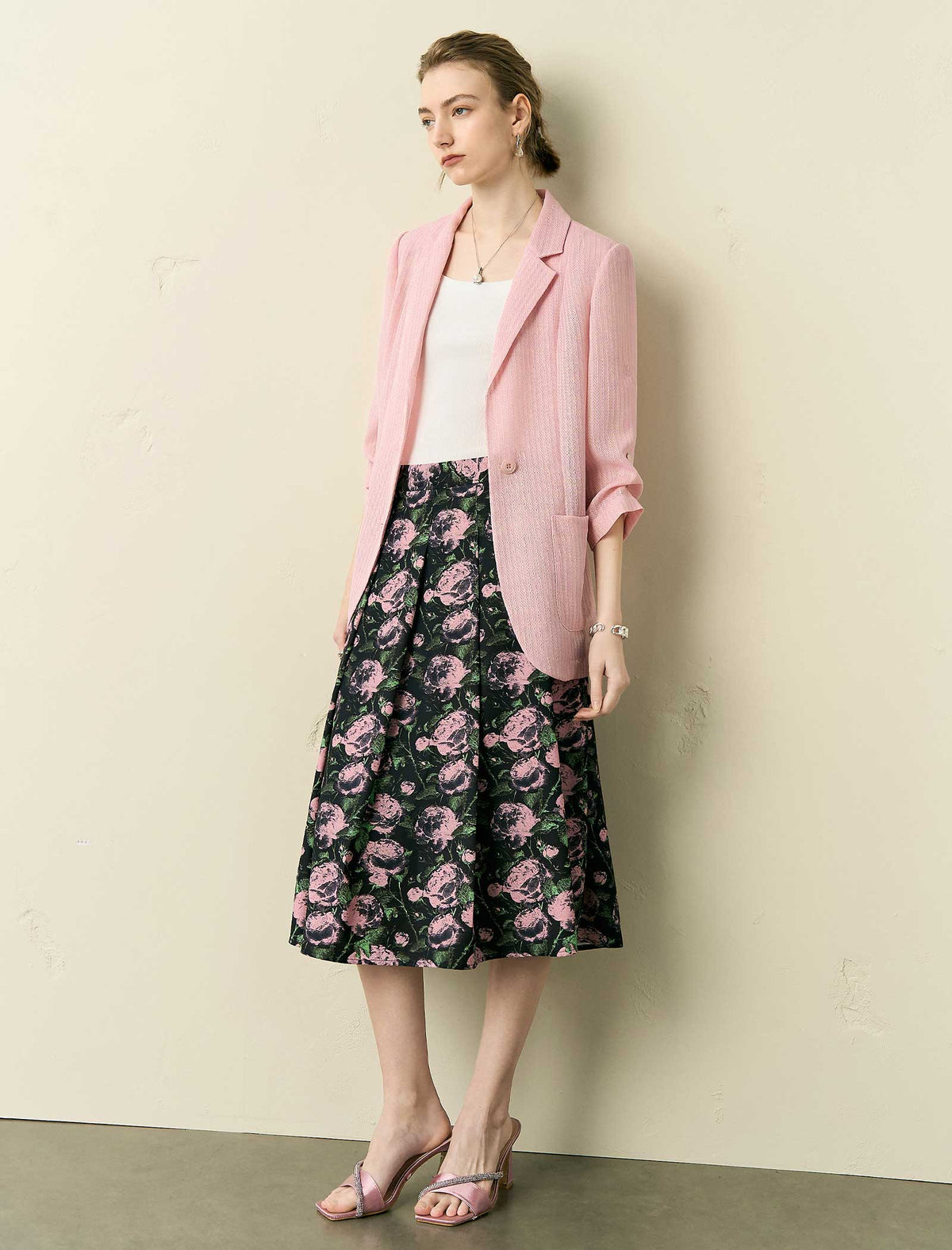 Vintage Rose Print Flare Midi Skirt