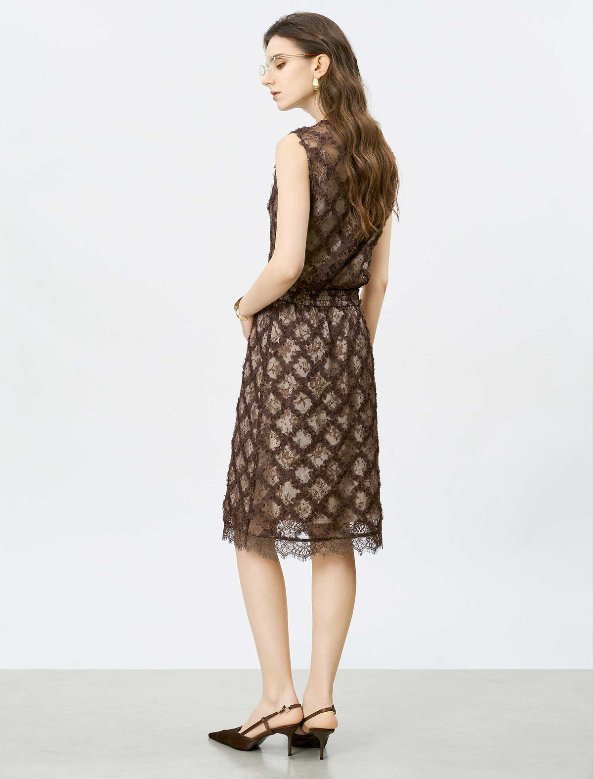 Brown Lace Embroidered Sleeveless Top