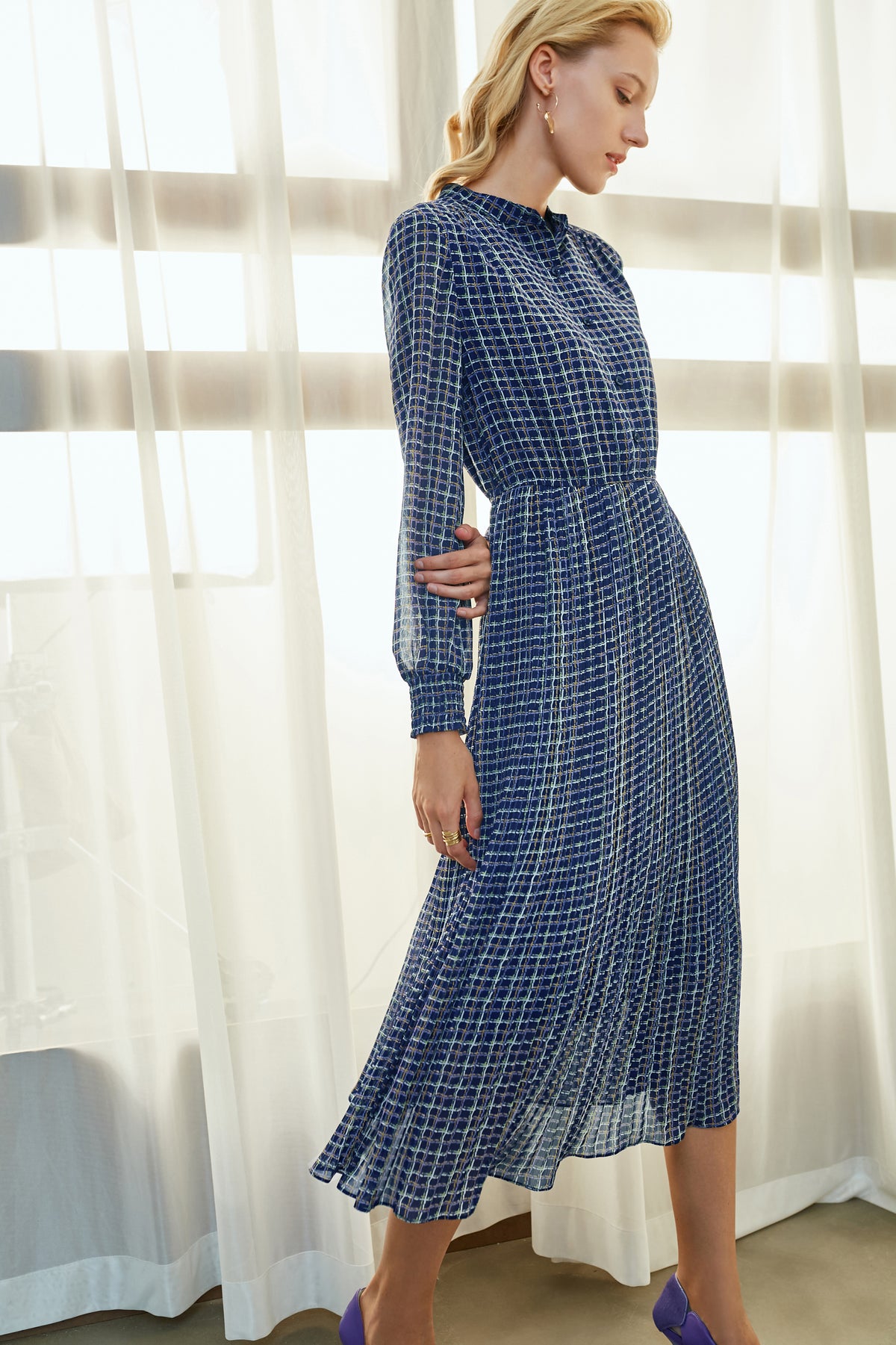 Navy Multi-Color Plaid Midi Dress