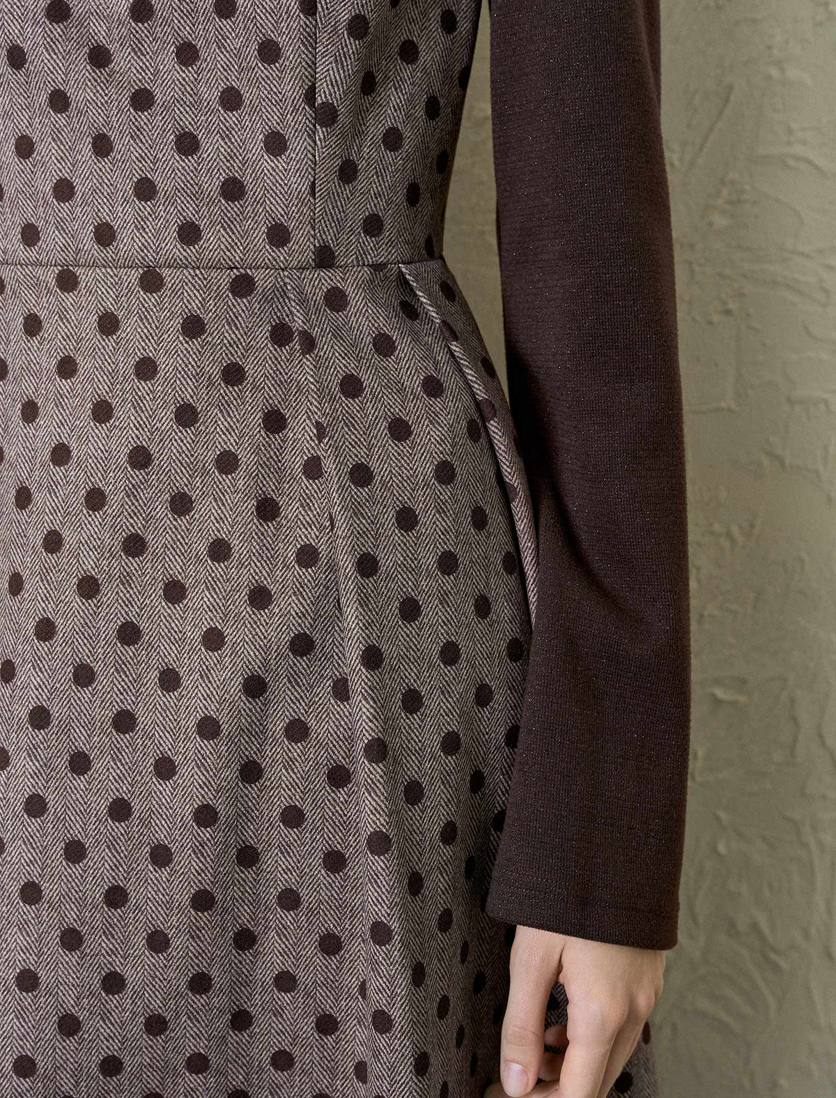 Herringbone Polka Dot Long-Sleeve Midi Dress