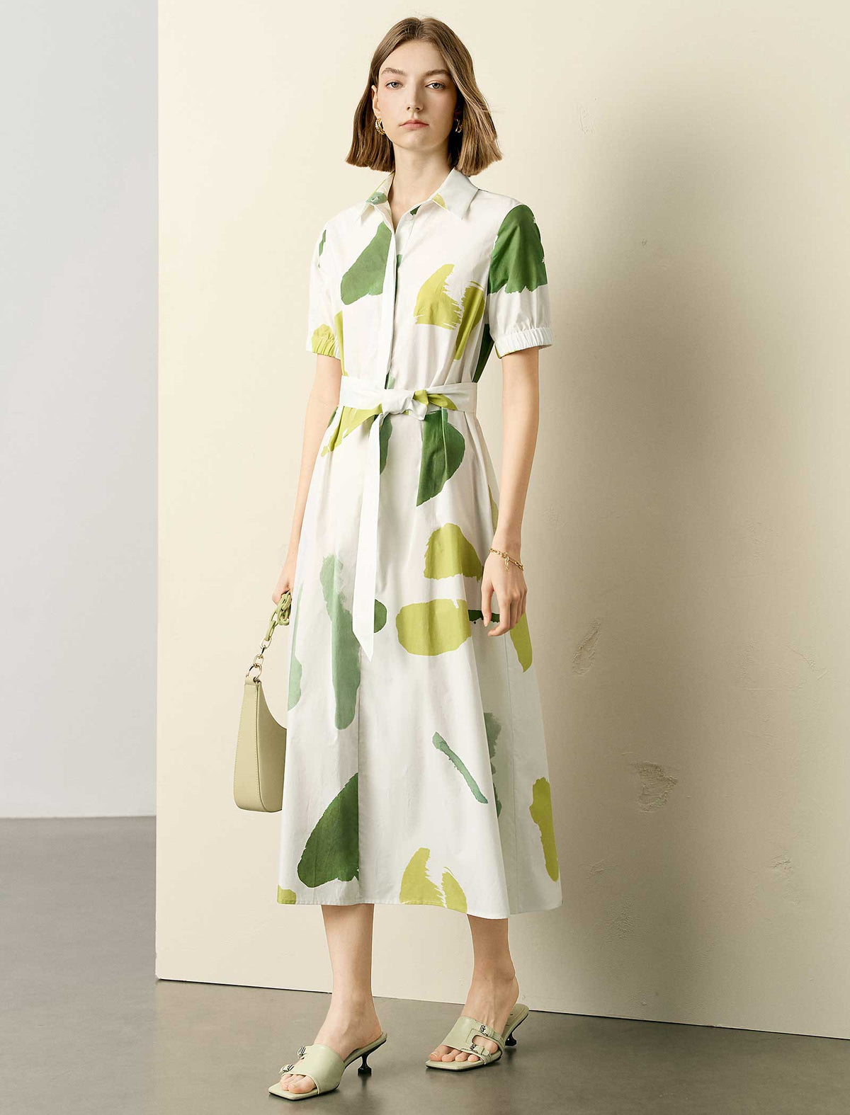 Green Watercolor Print Shirt Midi Dress